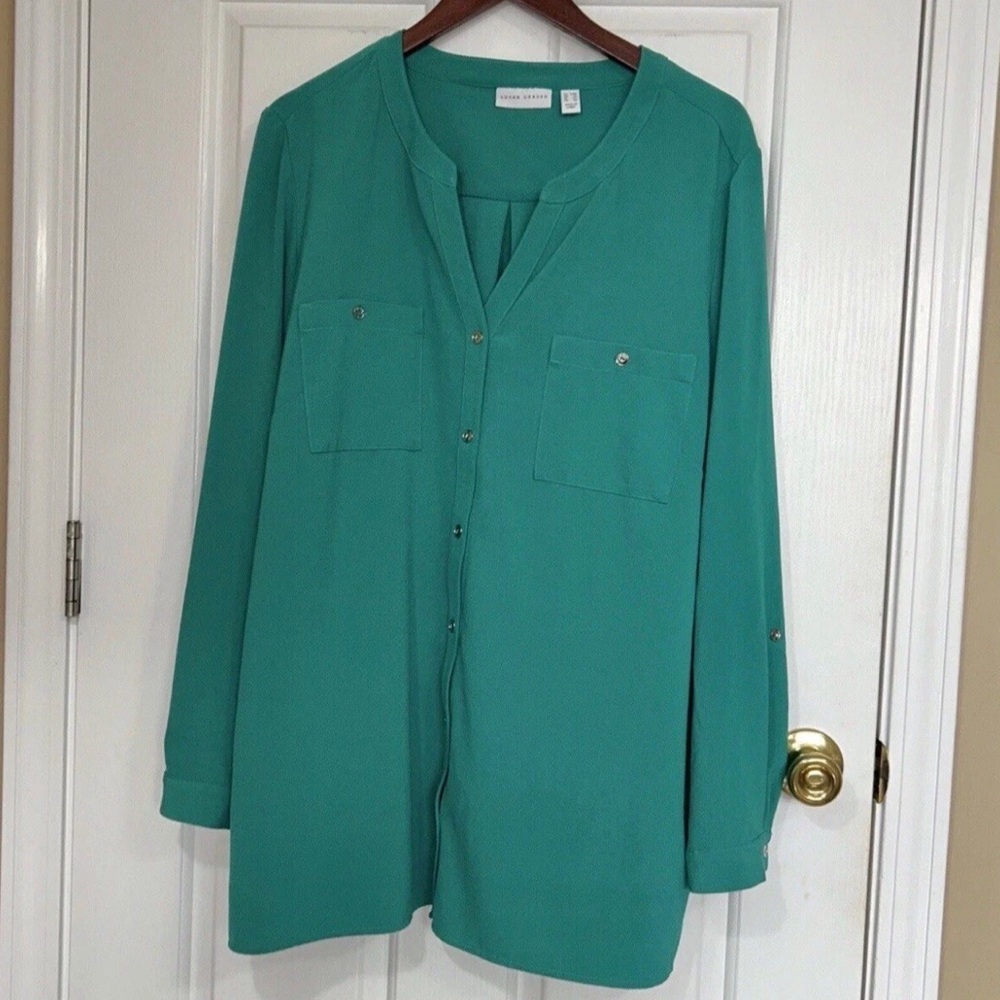 Susan Graver Teal Green Button-Down Blouse | Size 22W | Liquid Knit